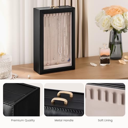 Lolalet Necklace Organizer Box, Jewelry Display Case, Black, 2 Layers - color: Black, size: 2 Layers, 20 Hooks