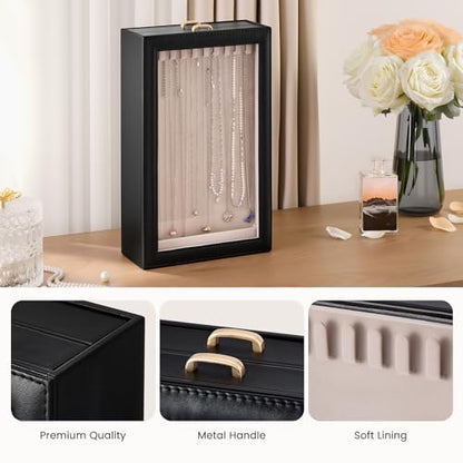 Lolalet Necklace Organizer Box, Jewelry Display Case, Black, 2 Layers - color: Black, size: 2 Layers, 20 Hooks