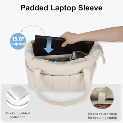 U+U Puffer Tote Bag for Women, Quilted Work Tote with Compartments - color: Cream