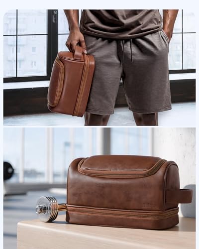Elviros Toiletry Bag for Men PU Leather Shaving Dopp Kit (Dark Brown) - color: Dark Brown, size: Large (Pack of 1)