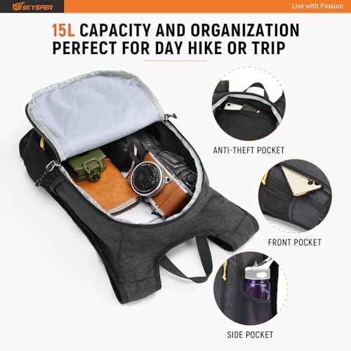 SKYSPER Small Daypack 10L/15L/20L Hiking Backpack Packable Lightweight Travel Day Pack for Women Men - color: Black, size: 15l