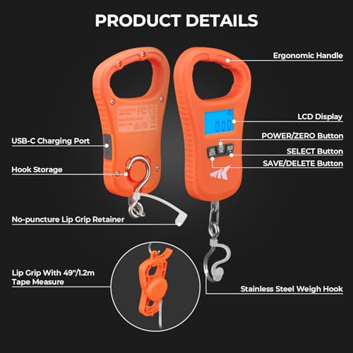 KastKing ToughTide USB Charging Fish Scale with Lip Gripper, Orange Combo - color: Orange