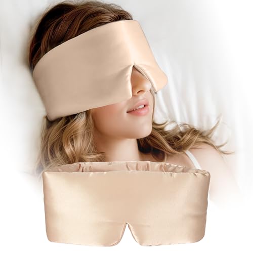 Silk Sleep Mask for Women and Men, Side Sleeper, 22 Momme Pure Mulberry Silk Total Blackout 100% Mulberry Eye Mask with Adjustable Headband Full Size, Eye Masks for Sleeping and Travel - color: Champagne