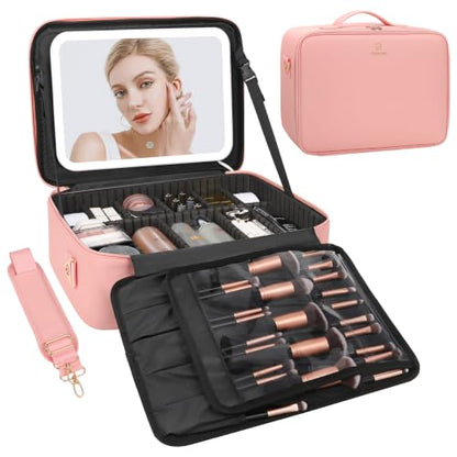 Chomeiu Makeup Bag with LED Mirror, Large Cosmetic Bag with Shoulder Strap - color: 01-Pink, size: Large
