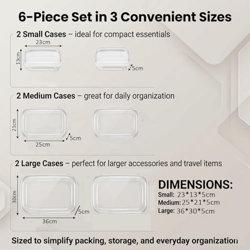 6 Pack Clear Hard Shell Zipper Case, See-Through Hard Plastic Organizer Pouches Zipper for Travel - Toiletries, Electronics, Pencils, Makeup, Secure Storage Design, 3 Sizes (2 Small/2 Medium/2 Large)