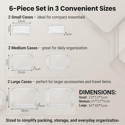 6 Pack Clear Hard Shell Zipper Case, See-Through Hard Plastic Organizer Pouches Zipper for Travel - Toiletries, Electronics, Pencils, Makeup, Secure Storage Design, 3 Sizes (2 Small/2 Medium/2 Large)