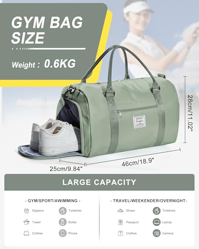 WISEPACK Gym Bag for Womens with Shoes Compartment Travel Duffel Bag - color: B2-Grey Green