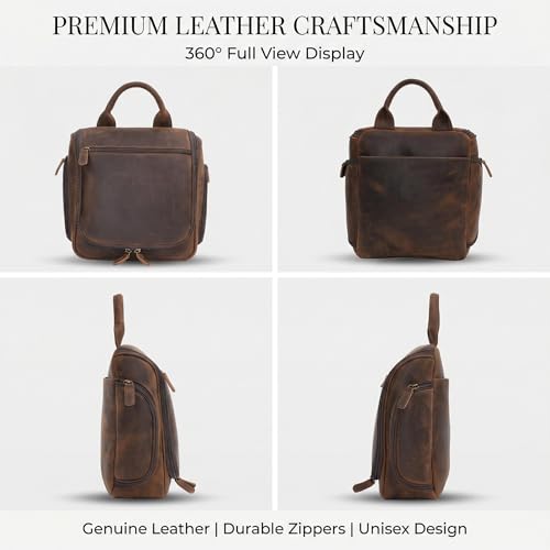 Versatile Genuine Leather Travel Hanging Toiletry Bag, A Dark Brown Hanging Makeup Organizer for Men or Women, Water-resistant Shaving Kit Bag Suitable for Camping and Travel Trips