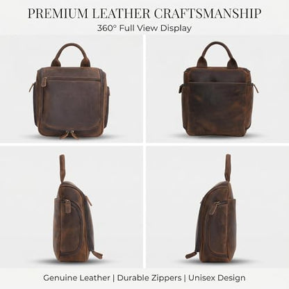 Versatile Genuine Leather Travel Hanging Toiletry Bag, A Dark Brown Hanging Makeup Organizer for Men or Women, Water-resistant Shaving Kit Bag Suitable for Camping and Travel Trips