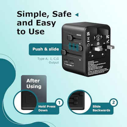 Universal Travel Adapter, International Power Plug with 2 USB-C & 2 USB-A Ports, Worldwide Wall Charger for Europe, UK, US, AU, Fast Charging for iPhone 15/Pro, Samsung (Black)