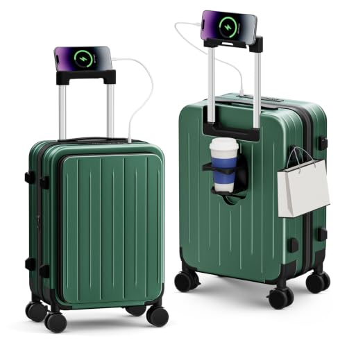 Carry On Luggage Airline Approved, 20 Inch Expandable PC HardShell Suitcase with Front Pocket, USB Charging Port, Hardside Case with Brake Spinner Wheels TSA Lock for Travel - color: Green