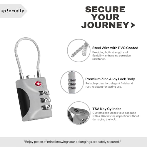 Travel Luggage Locks TSA Approved, Small Combination Padlock with Cable, Combo TSA Lock for Suitcase, Locker & Gym, Cabinet, Bag Zipper, Lock with Code for Travel Accessories (Silver) - color: Silver