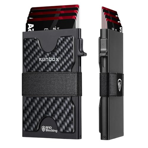 RUNBOX Slim Wallet for Men, RFID Aluminum Pop-Up Card Holder for 12 Cards - color: Carbon Fiber Black