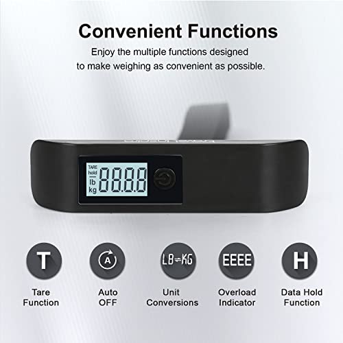 travel inspira Luggage Scale, Portable Digital Hanging Baggage Scale for Travel, Suitcase Weight Scale with Rubber Paint, 110 Pounds, Battery Included - color: Black