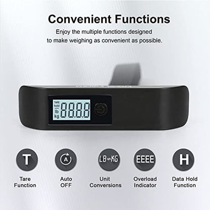 travel inspira Luggage Scale, Portable Digital Hanging Baggage Scale for Travel, Suitcase Weight Scale with Rubber Paint, 110 Pounds, Battery Included - color: Black