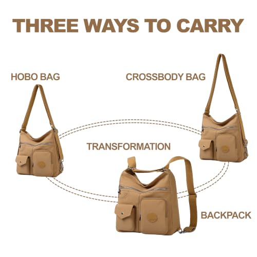 Hobo Purse for Women, Nylon Crossbody Shoulder Handbag Convertible Backpack - color: Beige