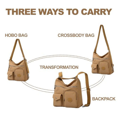 Hobo Purse for Women, Nylon Crossbody Shoulder Handbag Convertible Backpack - color: Beige