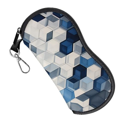 Glasses Case Eyeglass Sunglasses Zipper Soft Neoprene Ultra Light Pouch Metal Belt Clip Aesthetic Women Men - color: E14-blue and White
