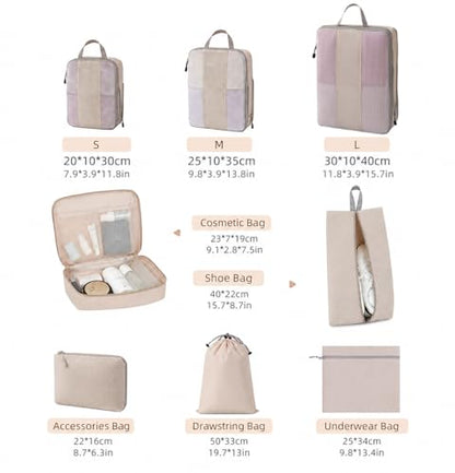 8 Piece Compression Packing Cubes Set for Travel, Large Capacity Space Saving Luggage Organizer with Double Zipper Compression, Shoe Bag, Toiletry Bag & Electronics Pouch, Beige