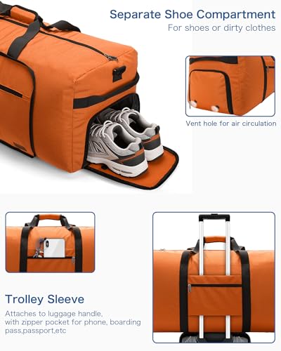 120L Large Waterproof Foldable Travel Duffel Bag with Shoe Compartment - color: Orange, size: 120L