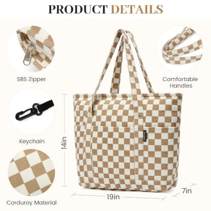 Large Canvas Tote Bag for Women, Beach Bag with Zipper, Utility Tote Bag with 3 Front Pockets, Weekender Pool Bag - color: Khaki