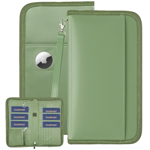GOAUS Passport Holder for Travel with AirTag Slot, for Family of 4 to 6 - color: Green, size: 10.4"x5.5"