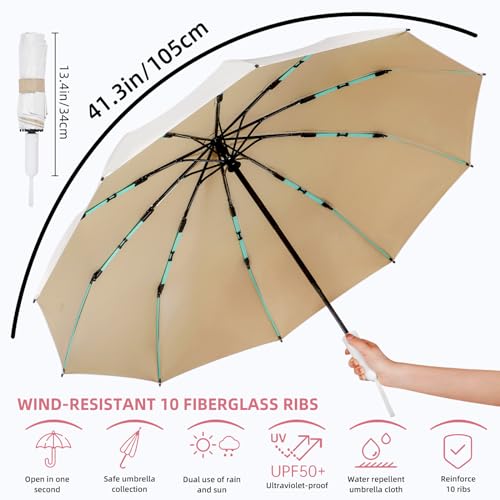 Folding Umbrella Anti-UV Compact Durable Folding Umbrella Auto Open Close Windproof Travel Umbrella Premium Grip Fits Backpack - color: Moonlight White