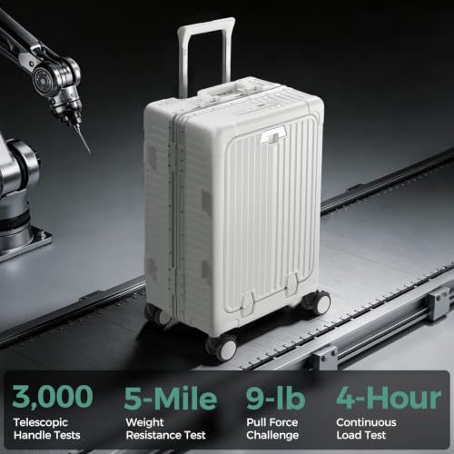 Carry on Luggage Aluminium Frame with Cup Holder,Top opening Suitcases and USB Charging Port,Lightweight with Front Pocket Rolling Suitcases with Spinner Wheels (White, 20Inch) - color: White