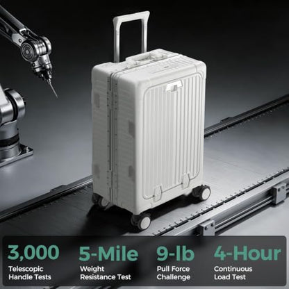 Carry on Luggage Aluminium Frame with Cup Holder,Top opening Suitcases and USB Charging Port,Lightweight with Front Pocket Rolling Suitcases with Spinner Wheels (White, 20Inch) - color: White