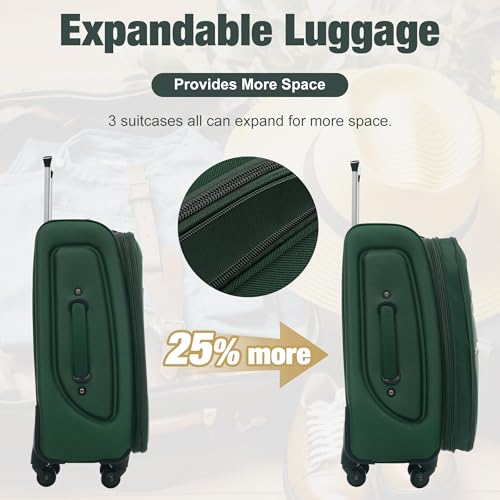 Merax Softside Luggage Set Softshell Lightweight 3 Piece Spinner Suitcase - color: Dark Green, style: Softside Luggage(22/26/30)