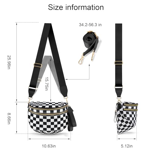 Checkered Crossbody Bags for Women, Large Nylon Bum Bags - color: Black and White Checkered