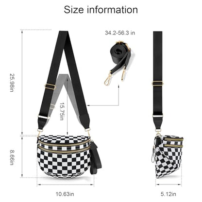 Checkered Crossbody Bags for Women, Large Nylon Bum Bags - color: Black and White Checkered