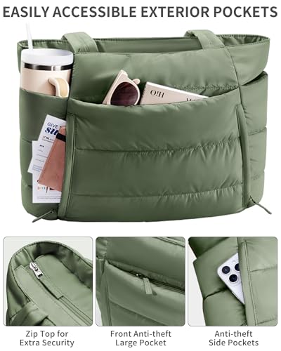 Bagstellar Puffer Tote Bag for Women, Lightweight Puffy Travel Gym Work Bag - color: Sage Green