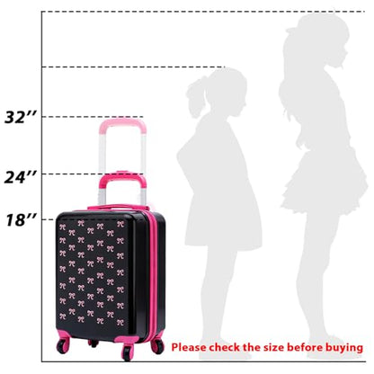 Redbaker 6 Pcs Kids Luggage Set, 17 Inch, Pink and Black Bow | Rolling Suitcase with Backpack Lunch Bag Neck Pillow, Travel Set for Summer Vacation, Sleepover, Back to School Gift - color: Pink and Black
