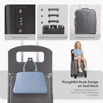 Apellia 20-Inch Carry-on Luggage with Foldable Seat Ride-on Suitcase for Kids 4-8 & Adults, TSA Lock, USB Charger Port, 360 Spinner Wheels, Cabin Approved Expandable Suitcase, Grey - color: Grey
