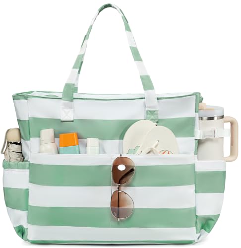Bluboon Waterproof Beach Tote Pool Bags for Women Ladies Extra Large Carry On Bag With Wet Compartment for Weekender Travel - color: Green White Stripe 5cm