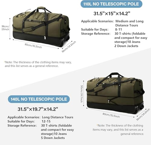 Rolling Duffle Bag with Wheels,110L/140L Expandable Soft-Sided Foldable Duffle Bag with 2 Rubber Wheels,Packable 32” Rolling Carry-On with Pockets & Compartments (Green) - color: Green