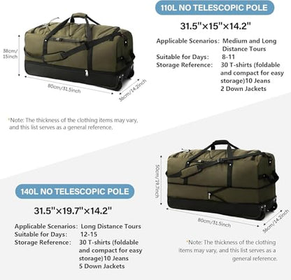 Rolling Duffle Bag with Wheels,110L/140L Expandable Soft-Sided Foldable Duffle Bag with 2 Rubber Wheels,Packable 32” Rolling Carry-On with Pockets & Compartments (Green) - color: Green