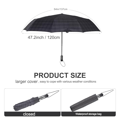 54 inch Large Compact Travel Umbrella 3 Folding Umbrellas for Rain Oversized Auto Open Close Foldable Vented Double Windproof Telescopic 9 Ribs Sturdy Large Size - color: Checked(293)
