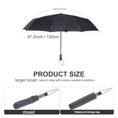 54 inch Large Compact Travel Umbrella 3 Folding Umbrellas for Rain Oversized Auto Open Close Foldable Vented Double Windproof Telescopic 9 Ribs Sturdy Large Size - color: Checked(293)