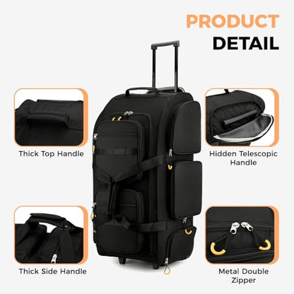 Searock 90L Rolling Duffle Bag with Wheels and Handle - color: Black