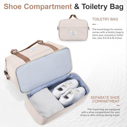 Weekender Bags for Women, Personal Item Travel Bag with Shoes Compartment - color: A-Beige & Brown with Air Pump, size: Large