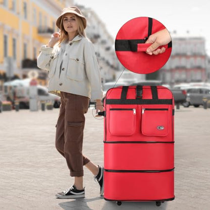 36'' Expandable Rolling Duffel Bag Suitcases w/Wheels,Foldable Luggage Bag - color: Red, size: 36''