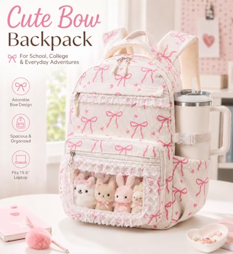 LEDAOU Backpack for Girls School Bag Kids Bookbag Teen Backpack Set Daypack with Lunch Bag and Pencil Case - color: A-lace Bow Beige