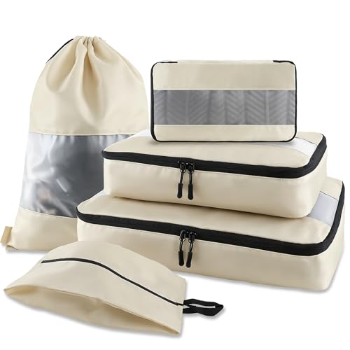 U+U 5 Set Packing Cubes, Travel Organizers with Shoe Bag (Cream) - color: Cream