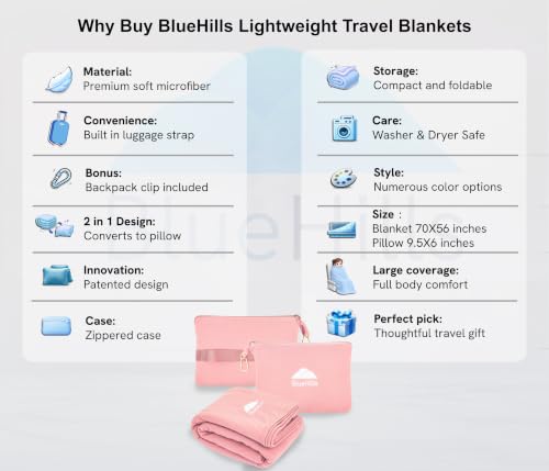 BlueHills Premium Soft Lightweight Travel Blanket Airplane Throw - Pink - color: L02-pink