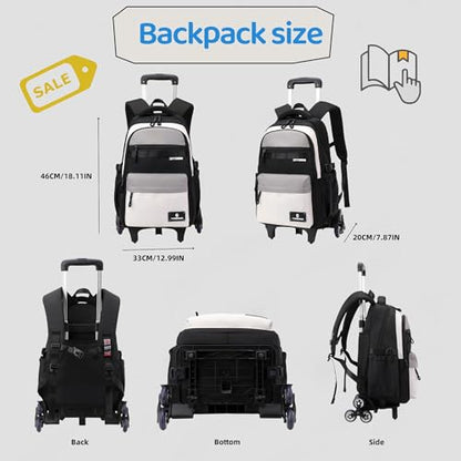 ZHANAO Kids Rolling Backpack for Boys School Color-blocking Trolley Bag - color: Black-6 Wheels
