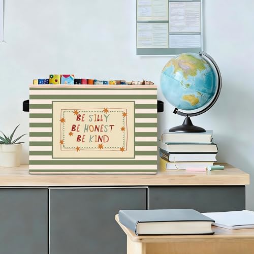 Kindness Storage Bin, Green Stripe Foldable Fabric Basket - color: Olive Stripe Be Kind Quote