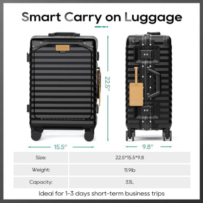 Joyway 20 Inch Carry on Luggage with Aluminium Frame and Front Pocket - color: Black, size: Carry-on-20inch Aluminium