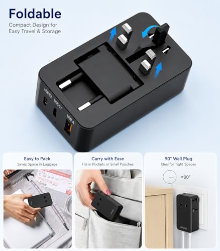 Jasput 67W Universal Travel Adapter, USB-C PD International Plug Adapter - color: Black+USBC 67W